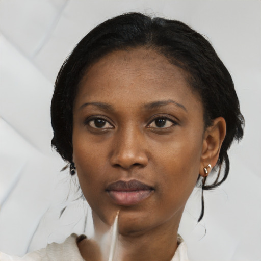 Neutral black young-adult female with medium  black hair and brown eyes