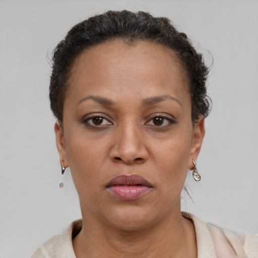 Neutral latino adult female with short  brown hair and brown eyes