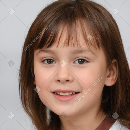 Joyful white child female with medium  brown hair and brown eyes