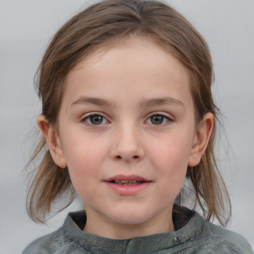 Joyful white child female with medium  brown hair and blue eyes