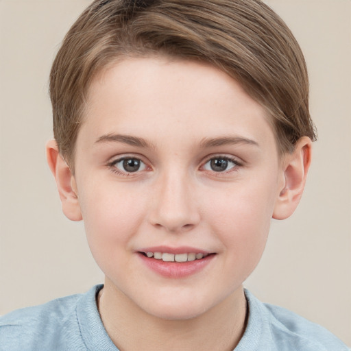 Joyful white child female with short  brown hair and grey eyes