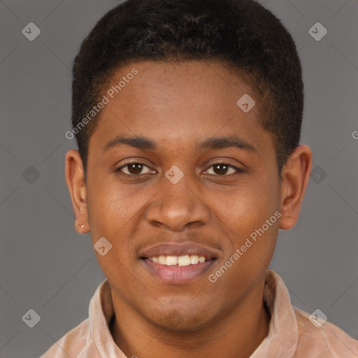 Joyful latino young-adult male with short  brown hair and brown eyes