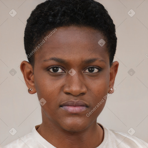 Neutral black young-adult female with short  brown hair and brown eyes