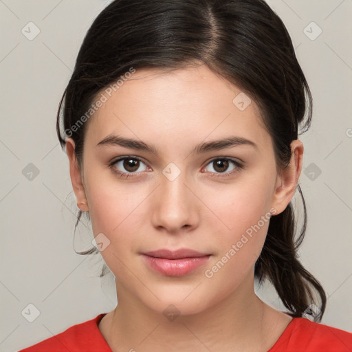 Neutral white young-adult female with medium  brown hair and brown eyes