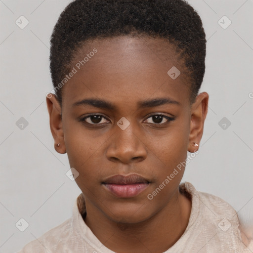 Neutral black young-adult female with short  brown hair and brown eyes