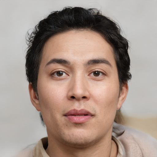 Neutral asian young-adult male with short  brown hair and brown eyes