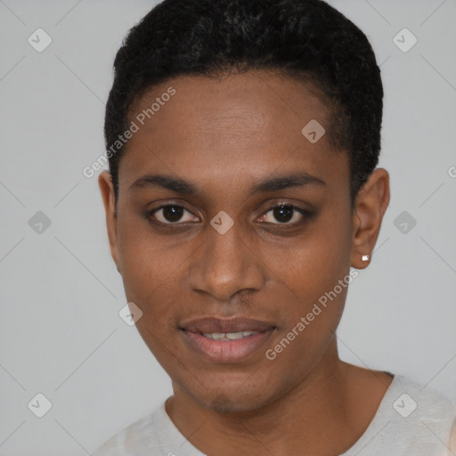 Joyful black young-adult male with short  black hair and brown eyes