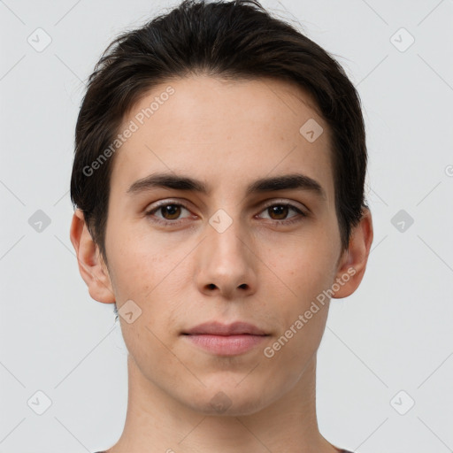 Neutral white young-adult male with short  brown hair and brown eyes