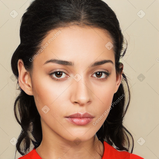 Neutral white young-adult female with long  brown hair and brown eyes