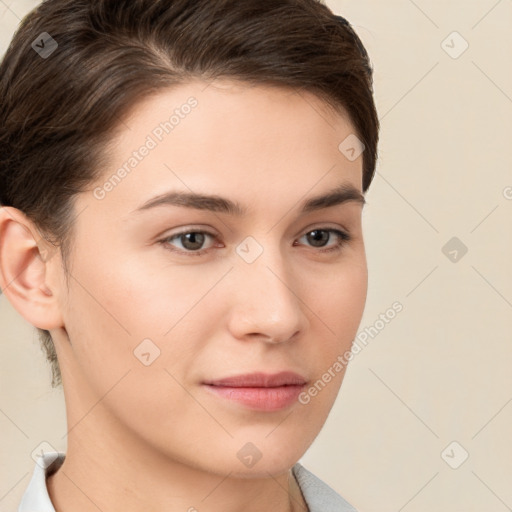 Neutral white young-adult female with short  brown hair and brown eyes