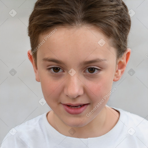 Joyful white child female with short  brown hair and brown eyes