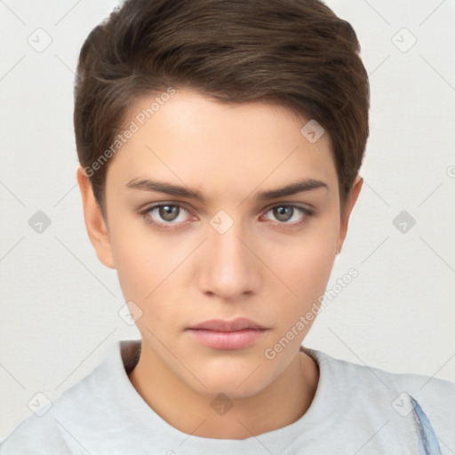 Neutral white young-adult female with short  brown hair and brown eyes