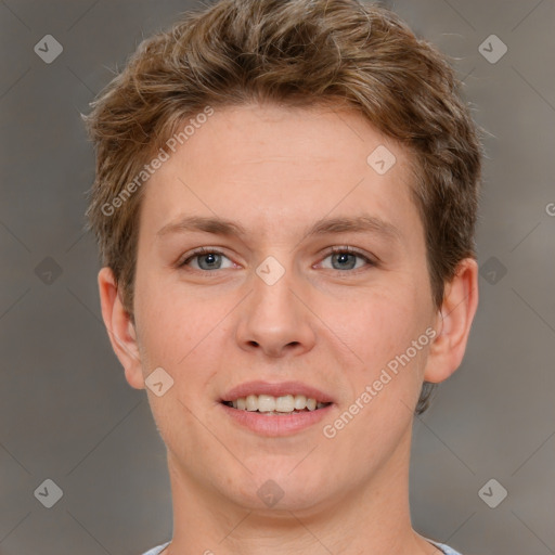 Joyful white young-adult female with short  brown hair and grey eyes