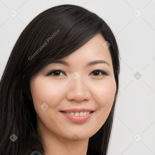 Joyful white young-adult female with long  black hair and brown eyes