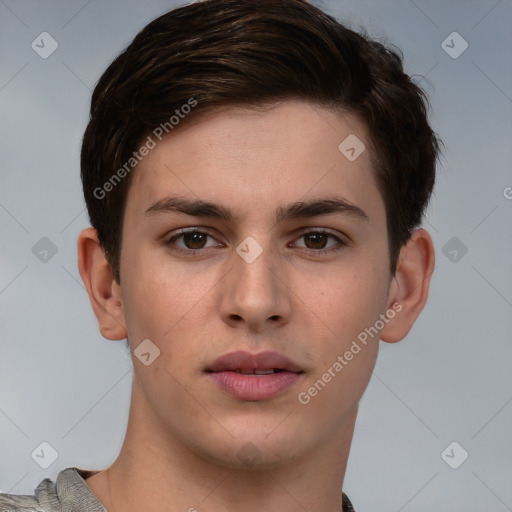 Neutral white young-adult male with short  brown hair and brown eyes