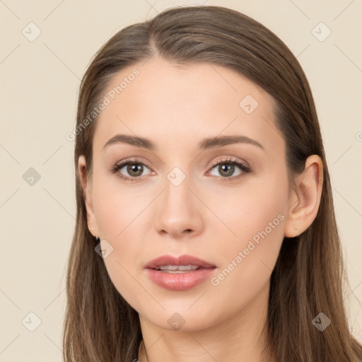 Neutral white young-adult female with long  brown hair and brown eyes