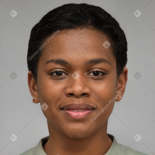 Joyful black young-adult female with short  black hair and brown eyes