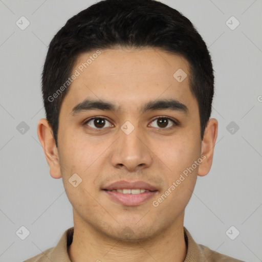 Joyful latino young-adult male with short  brown hair and brown eyes