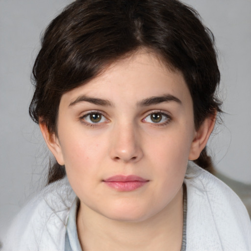 Neutral white young-adult female with medium  brown hair and brown eyes