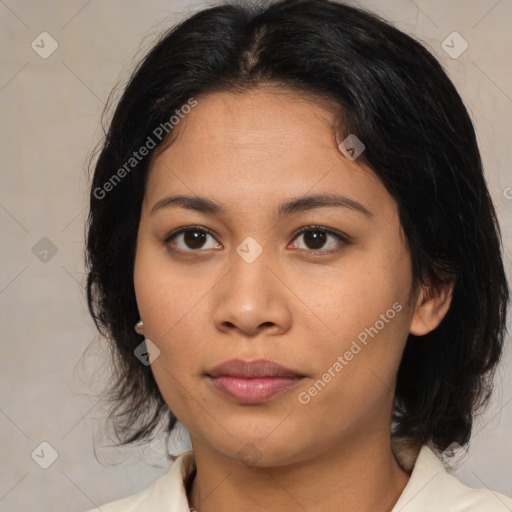 Neutral asian young-adult female with medium  brown hair and brown eyes