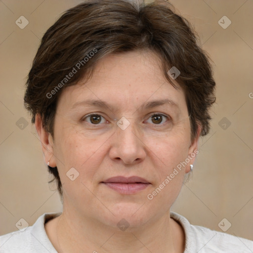 Joyful white adult female with short  brown hair and brown eyes