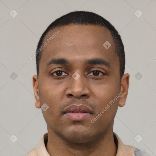 Neutral latino young-adult male with short  black hair and brown eyes