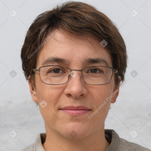 Joyful white adult female with short  brown hair and brown eyes