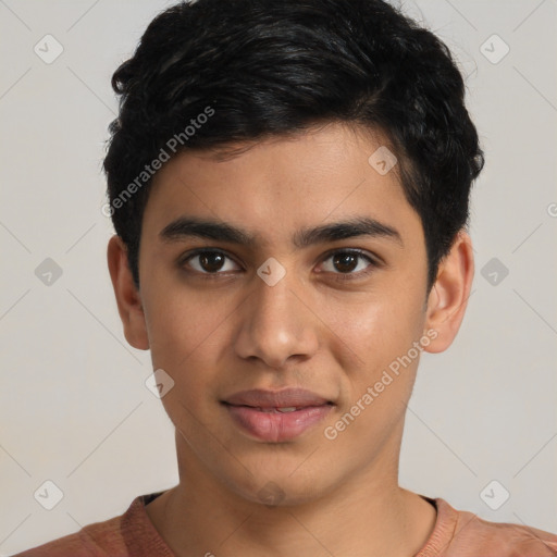 Joyful latino young-adult male with short  black hair and brown eyes