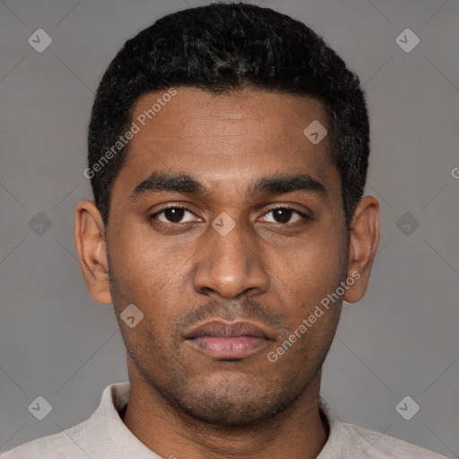 Neutral latino young-adult male with short  black hair and brown eyes