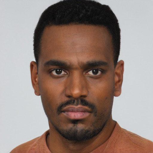 Neutral black young-adult male with short  black hair and brown eyes