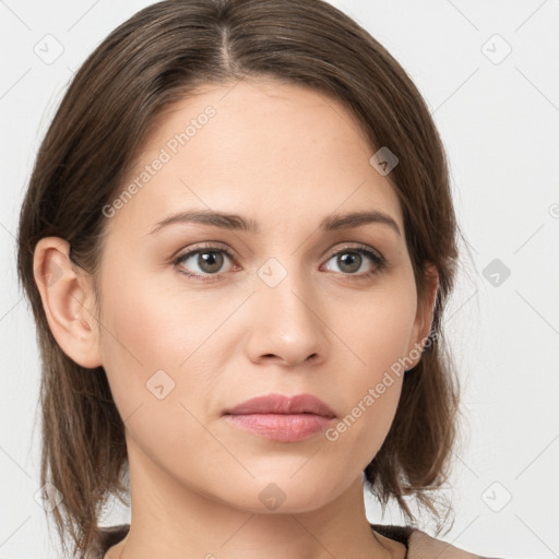 Neutral white young-adult female with medium  brown hair and grey eyes