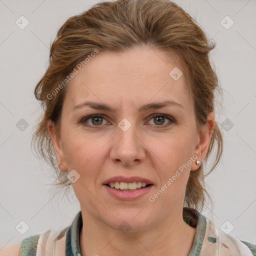 Joyful white adult female with medium  brown hair and grey eyes