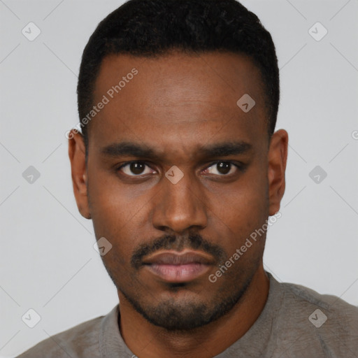 Neutral black young-adult male with short  black hair and brown eyes