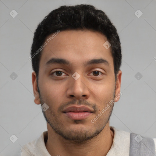 Neutral latino young-adult male with short  black hair and brown eyes