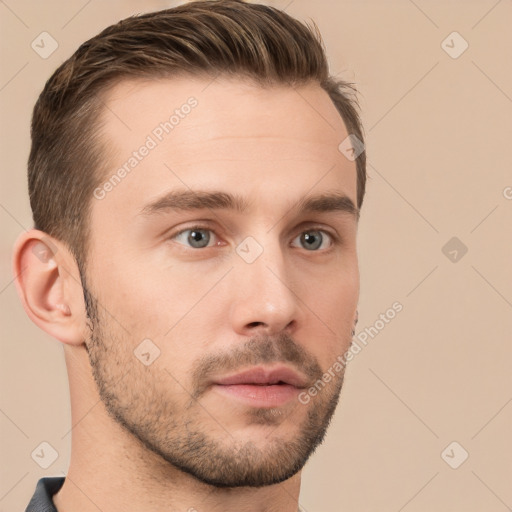 Neutral white young-adult male with short  brown hair and brown eyes