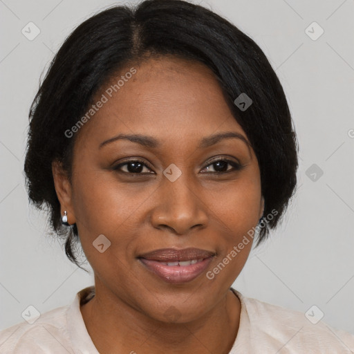 Joyful black adult female with medium  brown hair and brown eyes