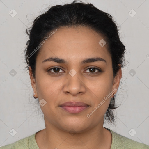 Joyful latino young-adult female with short  brown hair and brown eyes