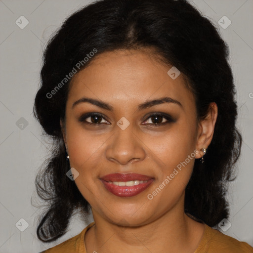 Joyful black young-adult female with medium  brown hair and brown eyes