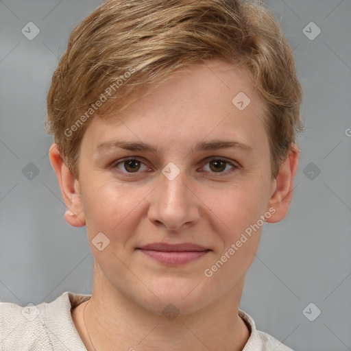 Joyful white young-adult female with short  brown hair and grey eyes