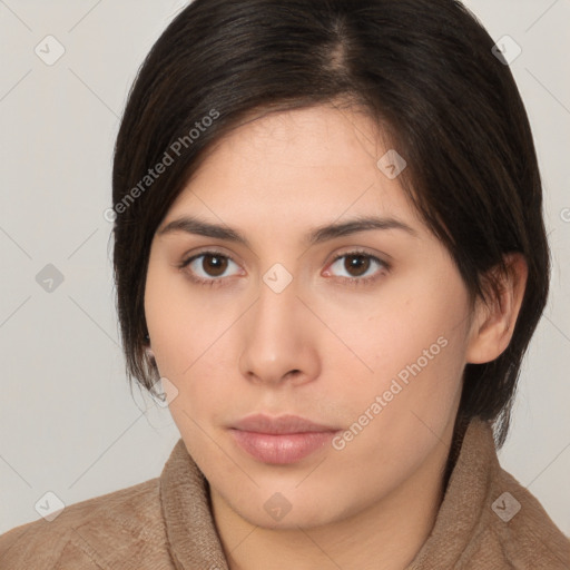 Neutral white young-adult female with medium  brown hair and brown eyes