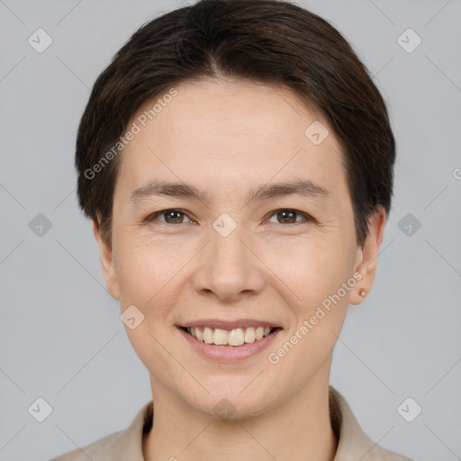 Joyful white young-adult female with short  brown hair and brown eyes