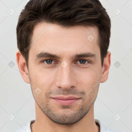 Neutral white young-adult male with short  brown hair and brown eyes