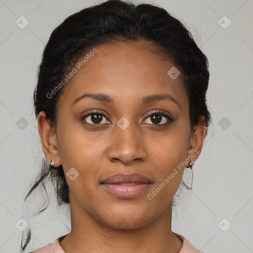 Joyful black young-adult female with medium  brown hair and brown eyes