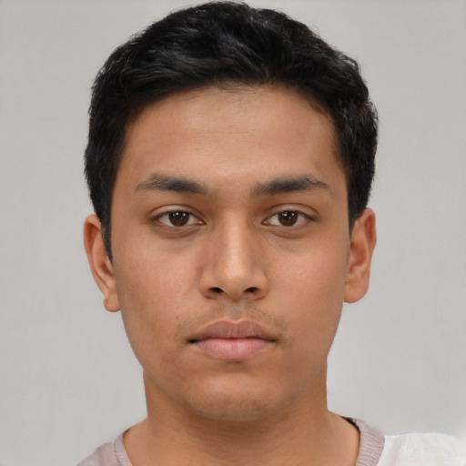 Neutral asian young-adult male with short  black hair and brown eyes