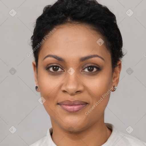 Joyful latino young-adult female with short  black hair and brown eyes