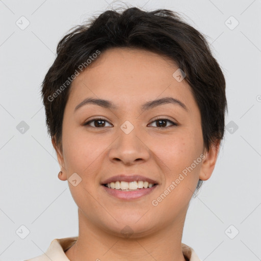 Joyful white young-adult female with short  brown hair and brown eyes