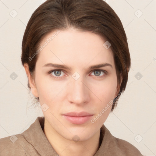 Neutral white young-adult female with short  brown hair and brown eyes