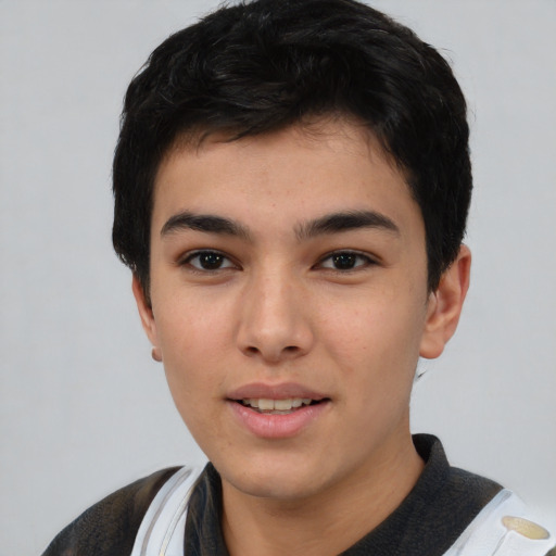 Neutral asian young-adult male with short  black hair and brown eyes