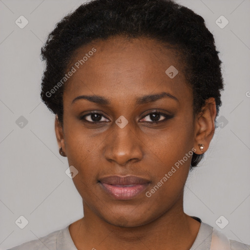 Neutral black young-adult female with short  black hair and brown eyes