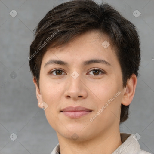 Joyful white young-adult female with short  brown hair and brown eyes